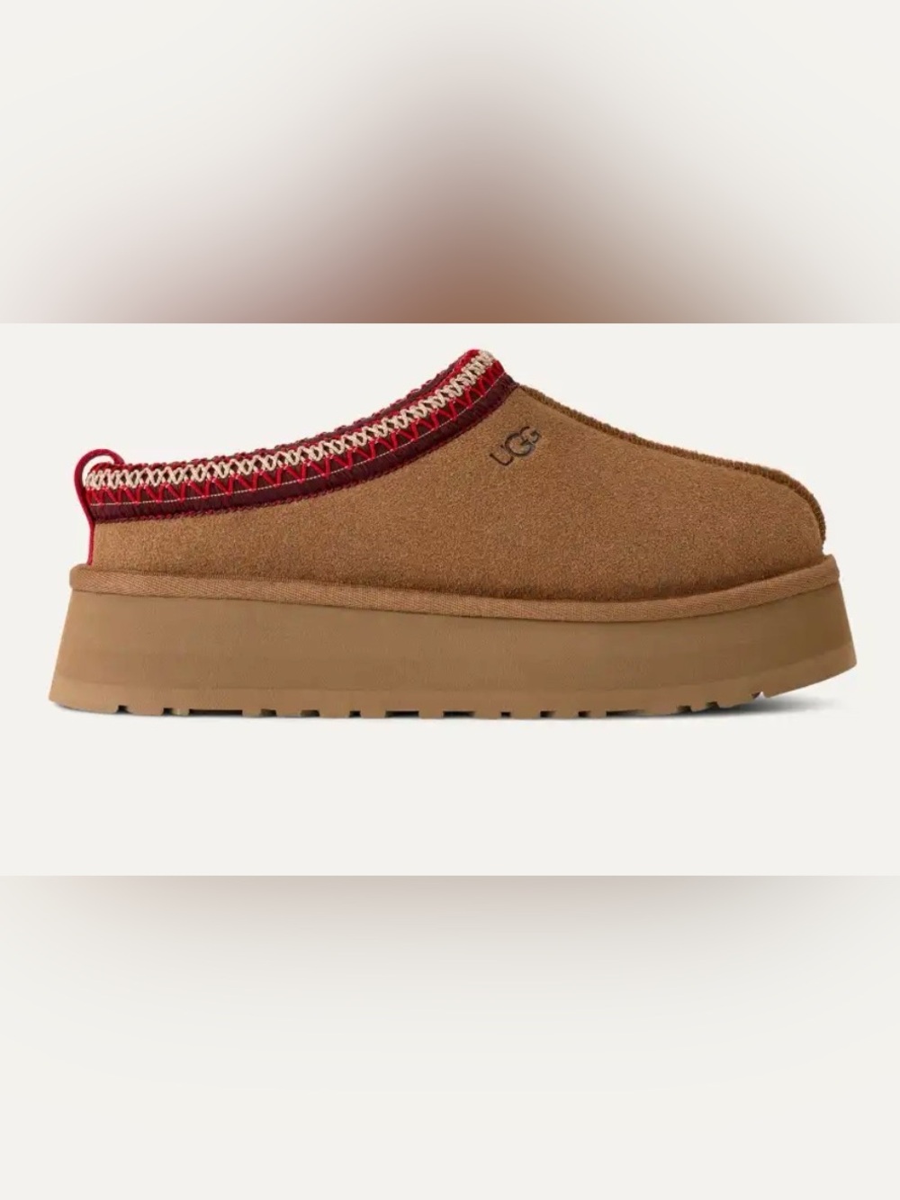 UGG women’s Tasman Chestnut Slip-On platforms with Red and Cream Trim slippers